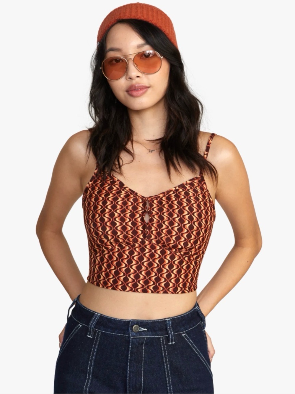 RVCA Moxy Woven Crop Tank Linen Blend V-Neck Spaghetti Straps ESP Retro Drip XS